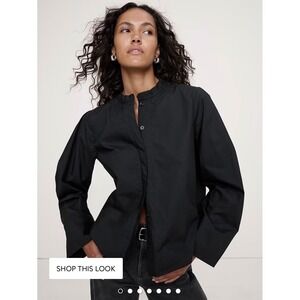 Banana Republic Black Cotton Poplin Banded-Collar Tuxedo Shirt Top Sz S $120